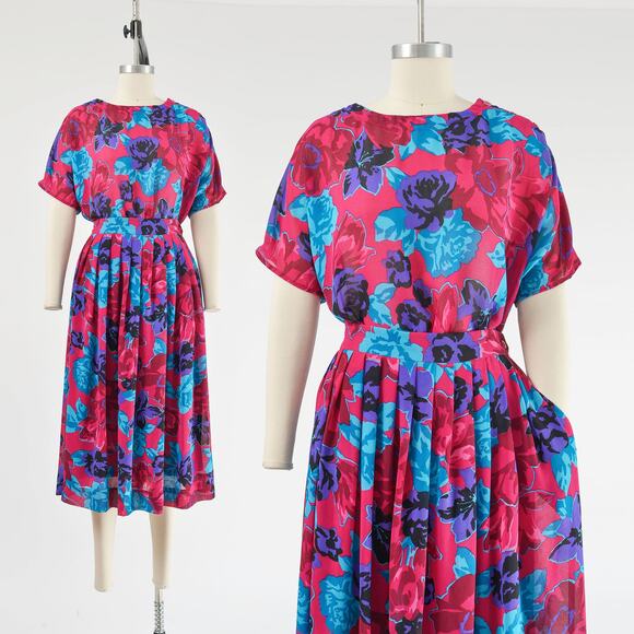 Vintage Dresses & Skirts - Vintage 80s Boho Floral Skirt and Top Set Full Midi Skirt with Pockets 2pc M